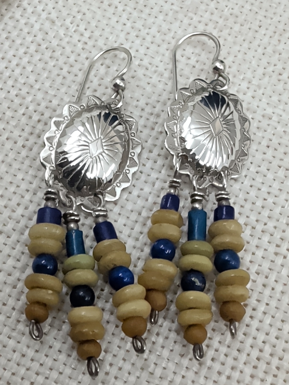 Vintage 925 Sterling Silver Concho Dangle Earrings Lapis Lazuli Bone Heishi SW